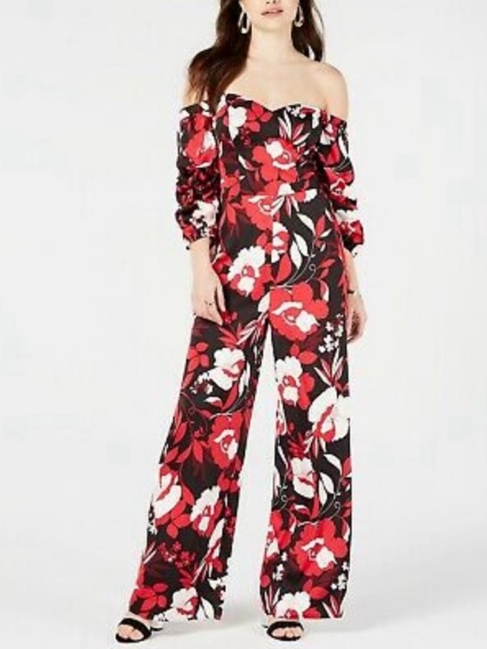 GUESS Black Off-Shoulder Floral Jumpsuit with Red & White Print
